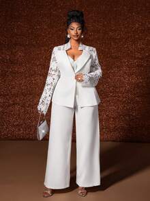 Maweii Bộ 2 món thanh lịch cho nữ cỡ lớn, áo khoác ren tay dài tương phản và quần ống rộng - trắng - Xem 5