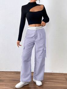 SHEIN Unity 女士休闲条纹直筒工装裤 - 寶藍色 - 查看 4