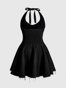 ROMWE Grunge Punk Spring/Summer Grunge-Punk Vintage Edgy Deep Black Washed Rivet Pleated Halter Dress, Plus Size Denim Dress - Black - View 2