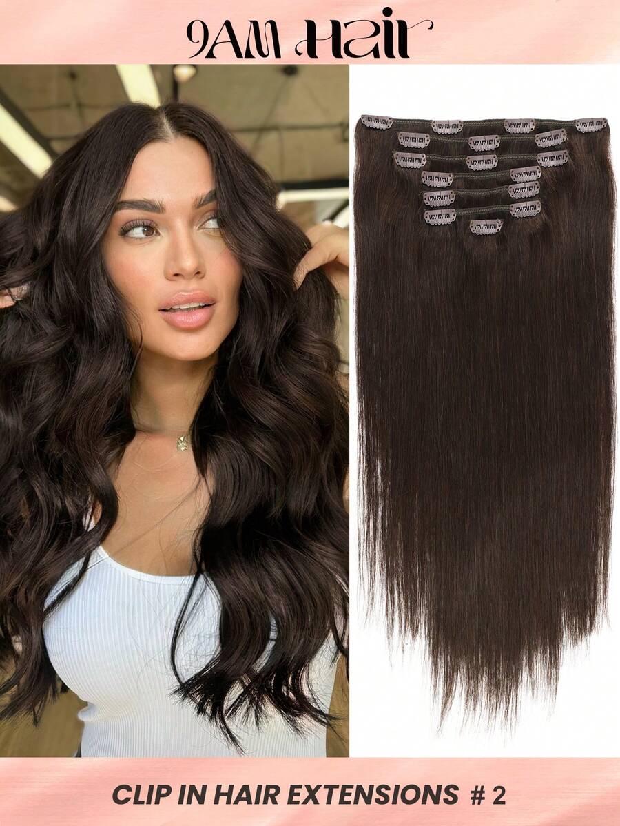2号深棕色夹式接发片，真人发，120克，7片装，直发，Remy发夹式接发片 - S2 - 查看 1