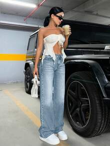 SHEIN Tall 低腰阔腿牛仔裤 - 中等水洗藍 - 查看 5