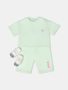 SUMWON Baby Girls Two Piece Set Self Love Crew T-Shirt Biker Shorts Matching Co-Ord Summer Spring Casual Outfit - Green - View 2