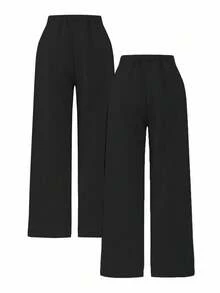 Vacaura 2pcs Teens'  Casual Versatile Sports & Loungewear Simple Style Black 2-Color Combination Straight Leg Comfortable Sweatpants Chic Outfits For Spring/Autumn/Winter Fall