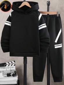 Vacaura 2 件青少年连帽条纹印花抽绳踝袖运动裤套装，适合日常穿着的休闲装，春秋季