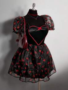 SHEIN ICON Plus Size Red Heart Puff Sleeve Cinched Waist Princess Dress, Suitable For Valentine's Day Date - Black - View 7