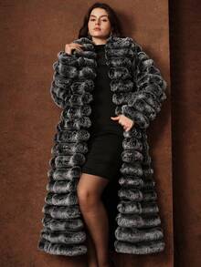 Anewsta 新款秋冬蓬松外套，中长款，女士加大码时尚仿兔毛外套，适合节日派对服装 - 黑與白 - 查看 5