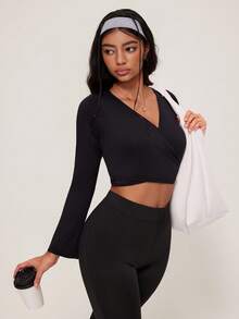 SHEIN Unity Women's Solid Color Flare Sleeve V-Neck Criss-Cross Tie Front Top - Black - View 3