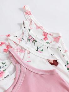 SHEIN Young Girls Undershirt-Camisole Tank Top Pack Of 4 Ballerina Floral Print Pink White Spaghetti Straps Lightweight Soft Breathable Stretchy Layering Sleepwear Everyday Toddler Cute Comfort Loungewear Party Holiday 2026 New Year Essential Four Seasons - Multicolor - View 3