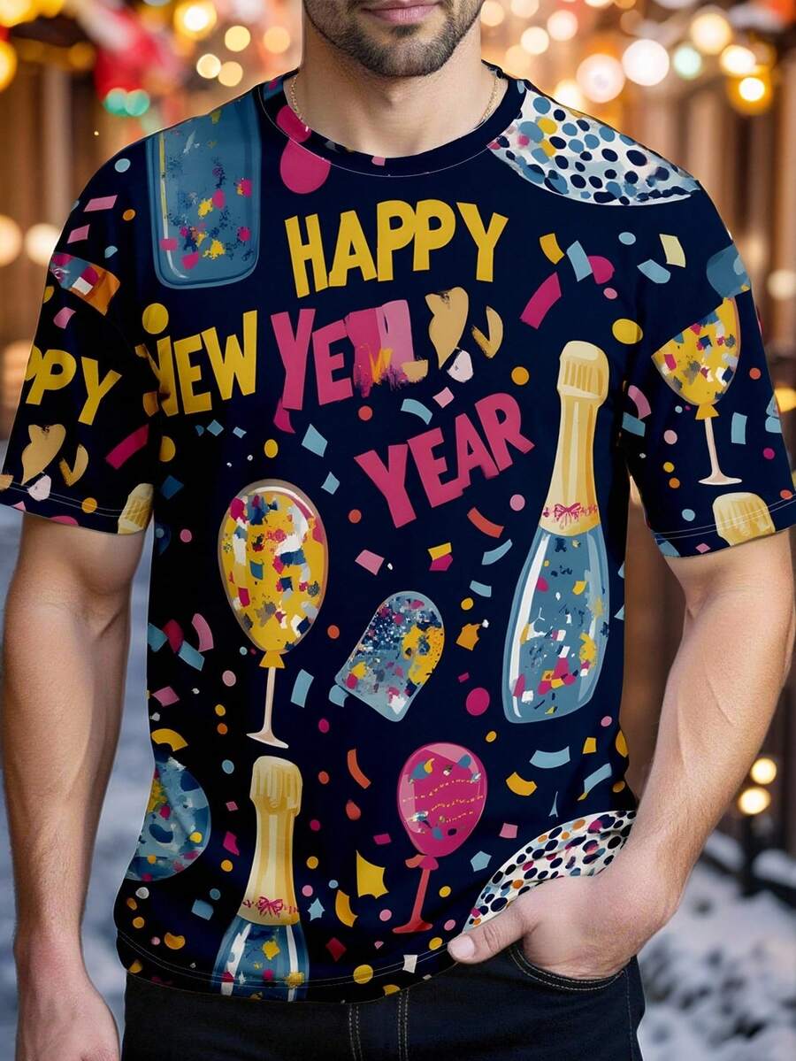 Manfinity Homme 男士休闲日常通勤百搭新年香槟印花宽松T恤，夏季 - 彩色 - 查看 1