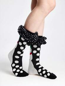 ROMWE Kawaii Women's Polka Dot Pattern Mesh Splice Ruffle Trim Cute Crew Socks - Black and white A - View 3