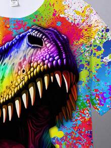 SHEIN Fantacosmos Tween Boy Round Neck 3D Dinosaur Graphic Short Sleeve T-Shirt, Summer - White - View 3