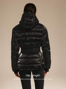 GLOWMODE VelvetShine Soft Lightweight Glossy Warm Water-Repellent Wide Elastic Waistband Adjustable Drawstring Hem Hood Down-Proof Slim-Fit Hooded Full-Zip Puffer Jacket Autumn Winter Outdoor Daily Casual - Black - View 5