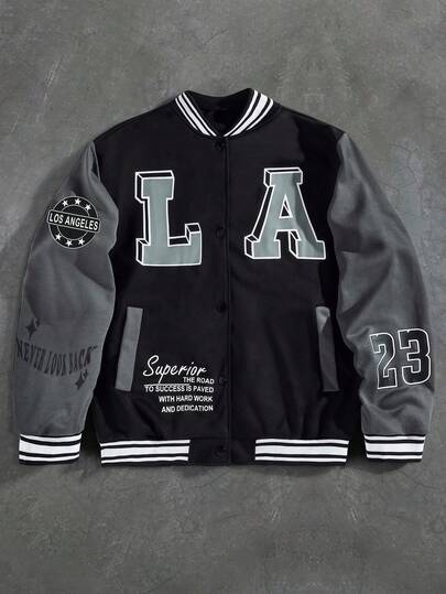 1 件青少年休闲美式棒球夹克，刺绣和字母拼布，秋冬