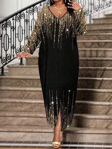 Fleurora New Spring And Summer Autumn And Winter Elegant Print Sequin Gold&Black Party Commuting Office Colorful Woven Notched Ball Gown Short Sleeve Kaftan Dress Plus Size Dresses Christmas Dress Graduation Dress Stylish Clothing Collection