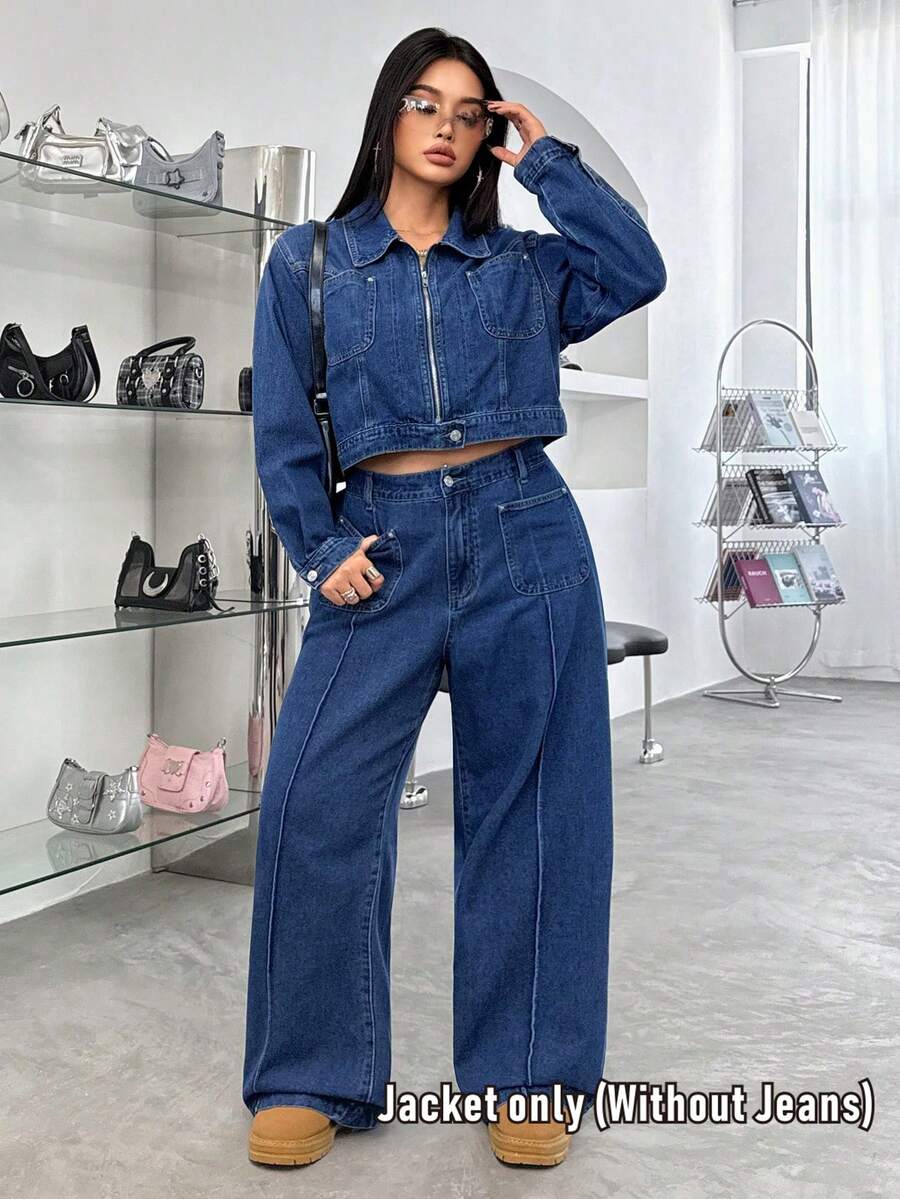 SHEIN ICON 大码女式休闲水洗无弹力外套 - 中等水洗藍 - 查看 1