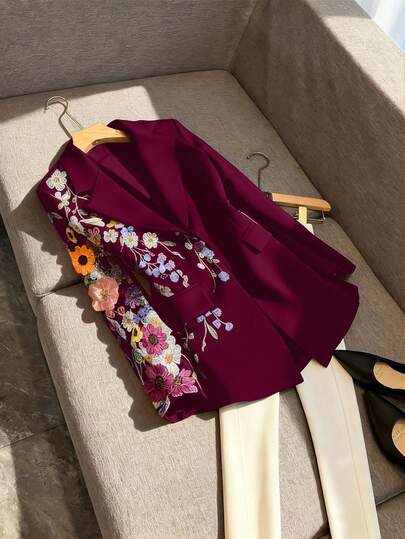 Rometta Plus Size Blazer Jacket With Embroidered 3D Floral Patchwork, Fashionable And Elegant