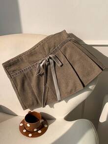 Comfortcana Plus Size Autumn/Winter Lace-Up Pleated Mini Skirt Khaki Skirts Brown Skirts Pleated Skirt Women Skirts - Multicolor - View 4