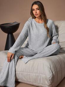 Lazeform 休闲舒适宽松罗纹浅灰色女士家居服套装，适合室内外穿着，休闲两件套舒适长袖家居服套装，冬季服装 - 灰色 - 查看 3