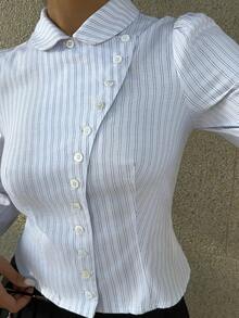 SHEIN EZwear 女士白色条纹梭织泡泡长袖单排扣衬衫 - 白色 - 查看 4