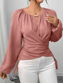 Elenzga Women's Beaded Wrap-Style Cinched Waist Shirt, Autumn/Winter - Baby Pink - View 7