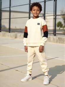Ținute AW Vacaura Boy: Set 2 bucăți - Tricou cu decolteu în V și culori contrastante, pantaloni cu talie elastică, croială lejeră, potrivit pentru ținute casual, naveta, activități în aer liber, sport, școală, stil stradal, petreceri și ședințe foto, toamnă/iarnă/primăvară - Multicolor - Vizualizare 9