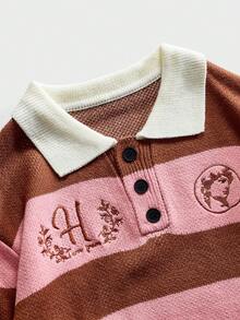 ROMWE MEN Men's Preppy Striped Embroidered Knit Sweater With Collar - Pink - View 3