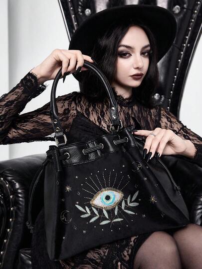 Fairycore Große Kapazität Lässig Shopper Tasche für Frauen, Mystisches Auge bestickte verstellbare Kordelzug Shopper Tasche, schwarze Y2K Goth Statement Schultertasche für Streetwear & Alltags-Looks