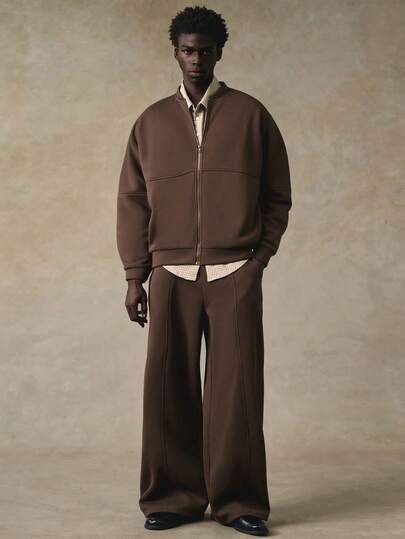 STYNVO Men's Solid Color Zip-Up Jacket And Wide Leg Pants Casual Earthy Two Pieces Set Brown Oversized, Thermal Lined