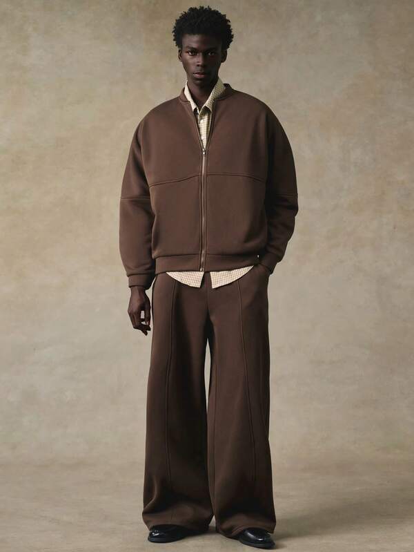 STYNVO Men's Solid Color Zip-Up Jacket And Wide Leg Pants Casual Earthy Two Pieces Set Brown Oversized, Thermal Lined