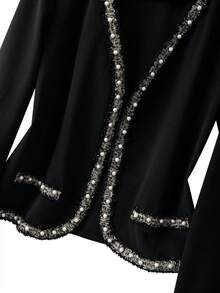 SHEIN Franclia Franclia 女士优雅黑色撞色珍珠边长袖开衫外套和珍珠装饰圆领长裙两件套，秋冬款