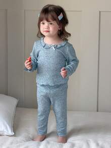 DAZY 2pcs Baby Girls Generous Collar Ruffle Bow Comfortable T-Shirt And Long Pants Pajama Set - Blue - View 5