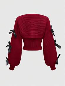 ROMWE Kawaii New Year & Valentine's Day Casual Layered Cute Bow Tie Decor Women Lantern Sleeve Cover Up Shrug Vest Two Pieces Set - Red - View 2