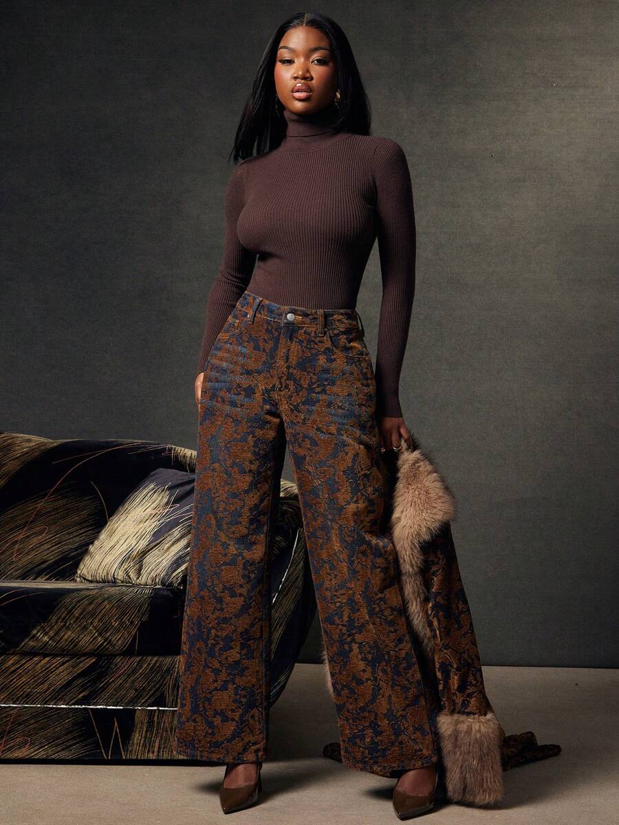 NYA SZN 高腰直筒牛仔裤，棕色蓝色印花，节日冬季假日圣诞节新年夜街头派对活动奢华金属色女装 - 深色水洗藍 - 查看 1