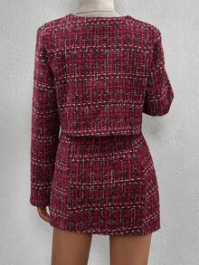 SHEIN Clasi Women's Plaid Print Button Front Long Sleeve Jacket And Mini Skirt Elegant 2-Piece Set - Burgundy - View 2