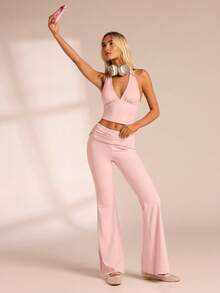 Glamine Women's New Arrival Sexy Sleeveless Deep V-Neck Crop Top, Fitted Flare Pants, 2 Piece Set, Suitable For Casual Exercise, Outdoor Sports, Yoga, Fitness - Pink - View 4