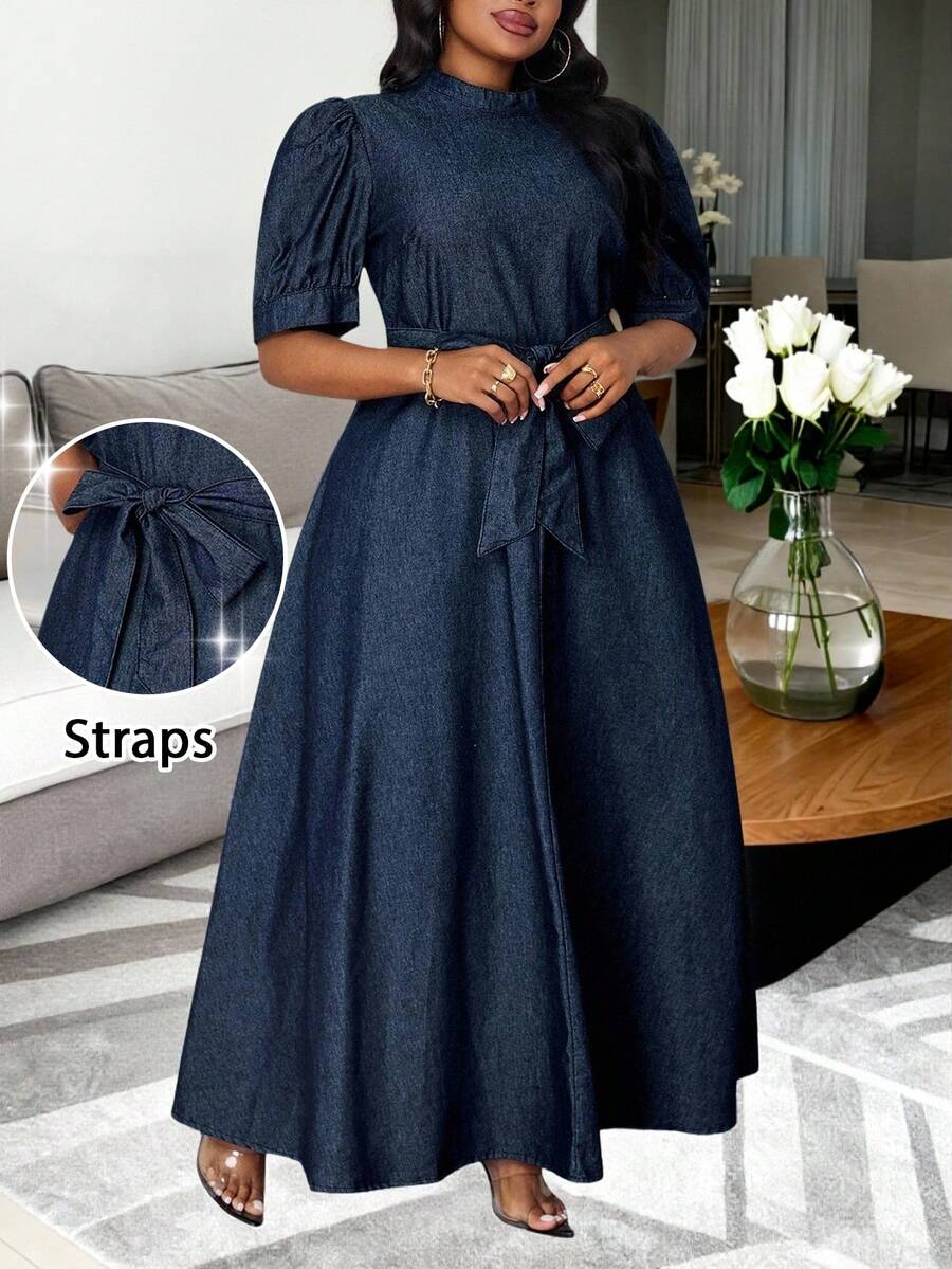 SHEIN Lady Đầm denim tay ngắn buộc eo thường ngày cỡ lớn cho nữ - Rửa tối - Xem 1