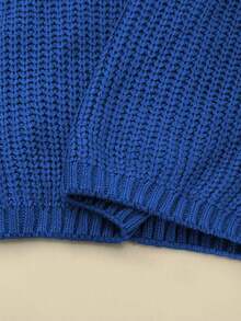 Franclia 女士休闲纯色圆领落肩毛衣，秋冬 - 寶藍色 - 查看 4