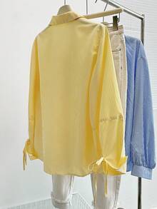 INAWLY 女士休闲条纹翻领宽松长袖防晒抽绳衬衫 - 黃色 - 查看 2