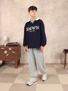 SUMWON Boys Polo Collar Sweatshirt And Jogger Pants Smart Casual Matching Set With New York Logo Design Vacation - Navy Blue - View 5