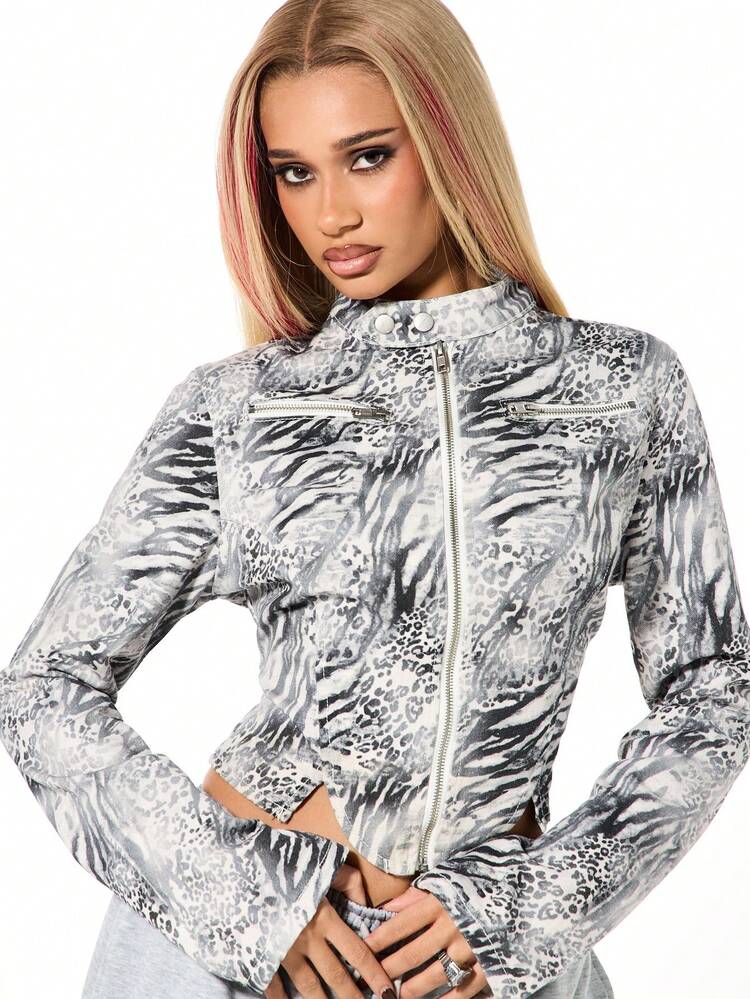 SUMWON WOMEN Animal Print Cropped Moto Jacket With Zip