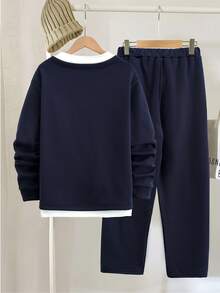 Vacaura 2件套青少年春秋季二合一圆领长袖T恤套装（含T恤和裤子），运动休闲时尚装扮