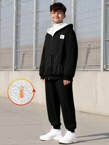 Vacaura 2件套青少年男童休闲黑色保暖连帽卫衣带口袋和裤子套装，适合秋冬季外出穿着 - 黑色 - 查看 1