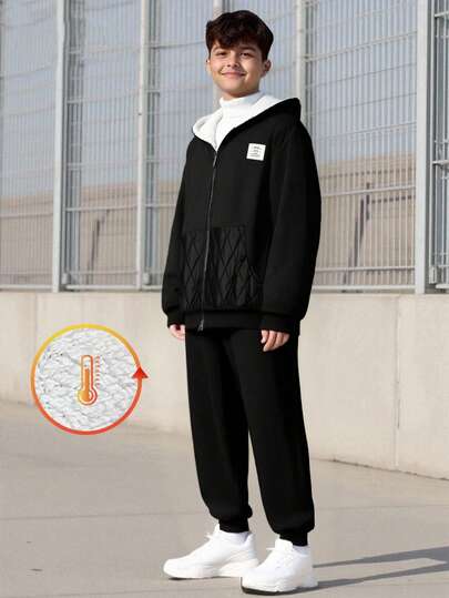 Vacaura 2件套青少年男童休闲黑色保暖连帽卫衣带口袋和裤子套装，适合秋冬季外出穿着