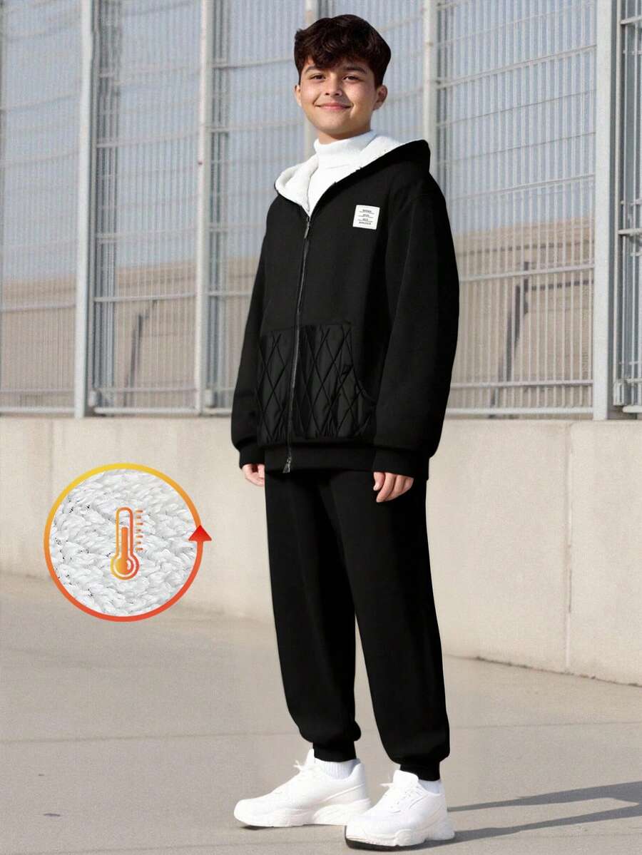 Vacaura 2件套青少年男童休闲黑色保暖连帽卫衣带口袋和裤子套装，适合秋冬季外出穿着 - 黑色 - 查看 1