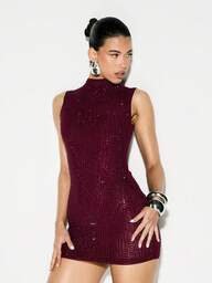 KIZN Burgundy Hot Fix High Neck Sleeveless Sequin Mini Bodycon Party Dress Holiday Evening Cocktail Club