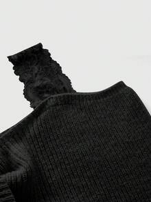 ROMWE Kawaii 深V领蕾丝拼接灯笼袖开衩下摆女式毛衣连衣裙 - 黑色 - 查看 6