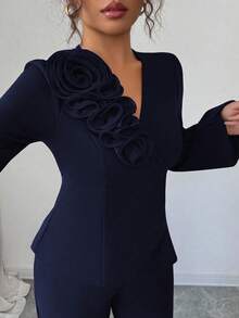 Elenzga 女士优雅酒红色交叉系带腰身花卉拼接法式A字长袖衬衫，喇叭袖，两件套，适合春秋季穿着 - 藏蓝色 - 查看 3