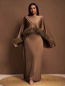 Veslaya Bộ đồ mùa Thu/Đông, Tết Nguyên Đán, Ngày Valentine, Tiệc tùng, Tiệc chiêu đãi, Hẹn hò, Tiệc sinh nhật, Phong cách sinh viên, Trang phục thường ngày, Cơ bản đa năng, Thường ngày, Du lịch tàu biển, Xu hướng thịnh hành, Thanh lịch, Đi làm, Công sở thường ngày, Tối giản, Gợi cảm, Đầm maxi chữ A cổ chữ V dây mảnh thắt eo + Áo choàng poncho lông thú không tay cổ thuyền phối viền, Vải bóng màu nâu, Bộ đồ dự tiệc, Bộ 2 món cỡ lớn dành cho nữ. - màu nâu - Xem 5