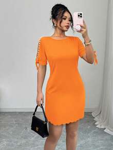 Elenzga Váy ngắn tay khoét rỗng đính hạt ngọc trai thanh lịch dành cho nữ, mùa hè - trái cam - Xem 9