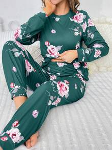 Women Floral Print Long Sleeve Top And Pants Pajama Set, Fall & Winter Clothes - Teal Blue - View 6